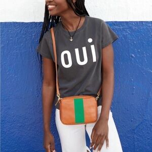 Clare V Midi Sac in Tan Leather with Green Stripe